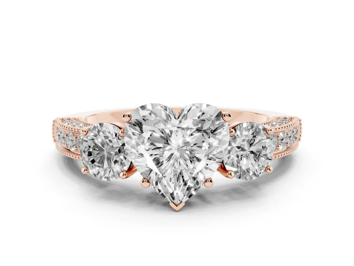 Heart Cut Three-Stone Diamond Ring with Pavé Band and Four-Prong Setting Rose gold