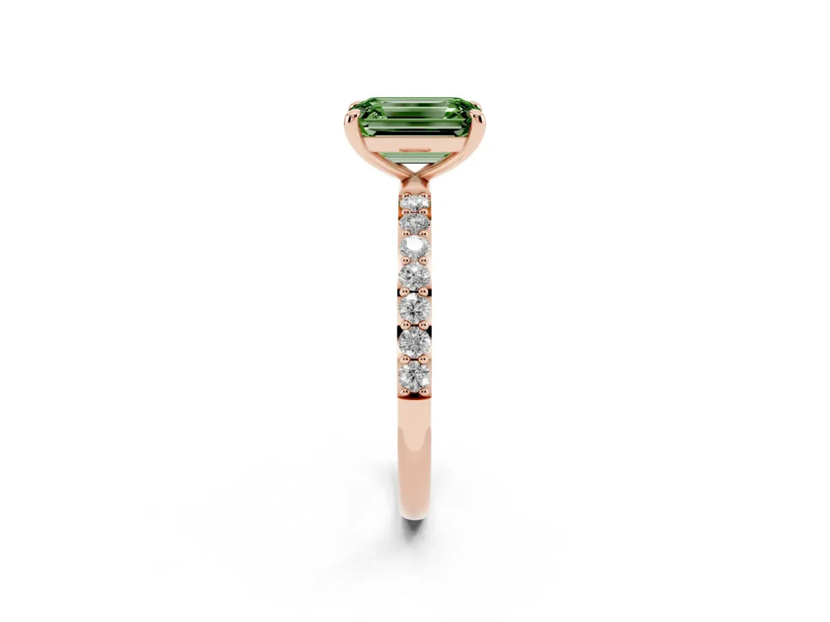 Fancy Green Emerald Cut Diamond Solitaire Ring with Round Pavé Band and Prong Setting Rose gold