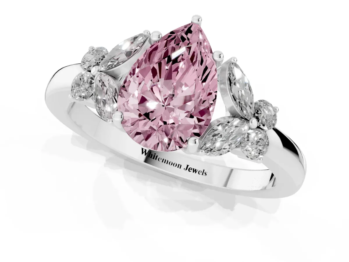 Fancy Pink Pear Cut Cut Solitaire Floral Diamond Ring with Four-Prong Setting Platinum