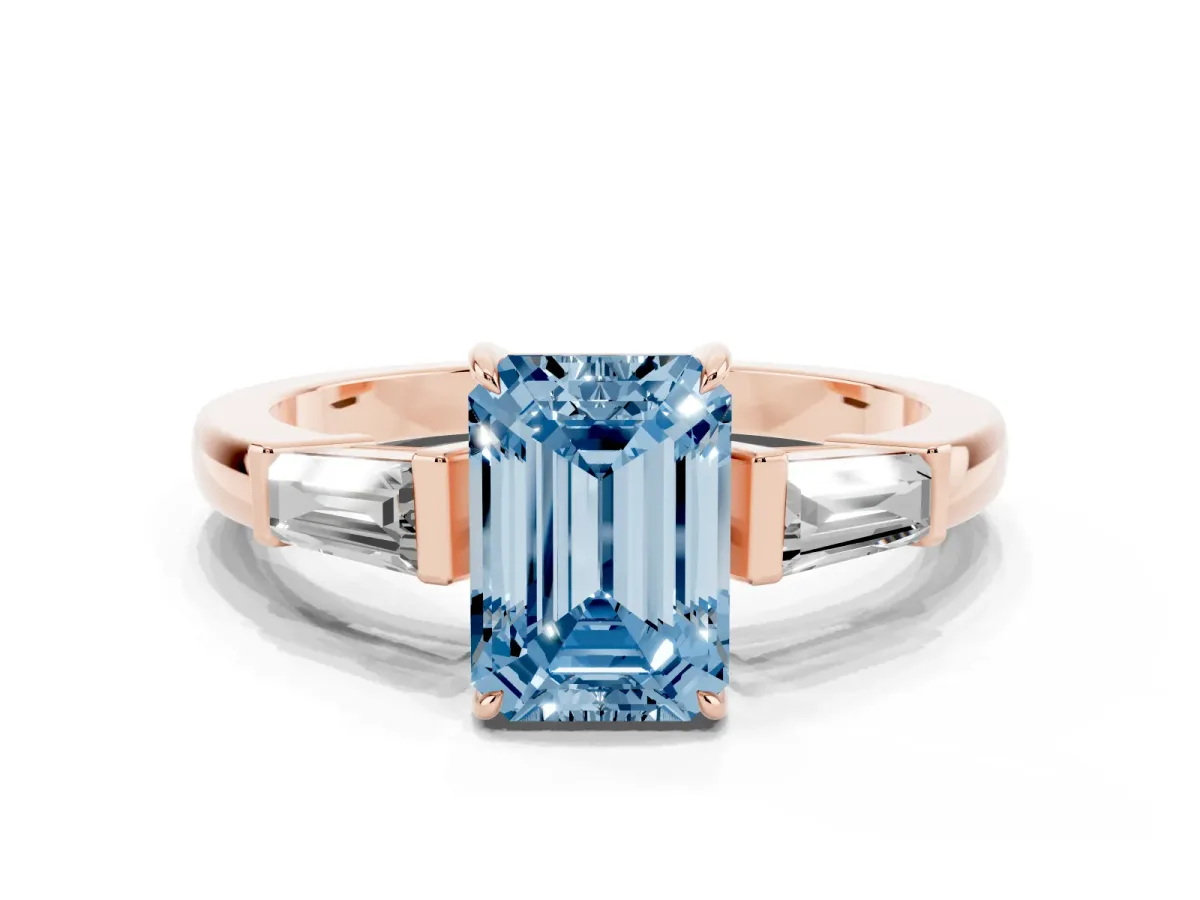 Fancy Blue Emerald Cut Diamond Three-Stone Ring with Tapered Baguette Side Stones and Prong Setting Rose gold