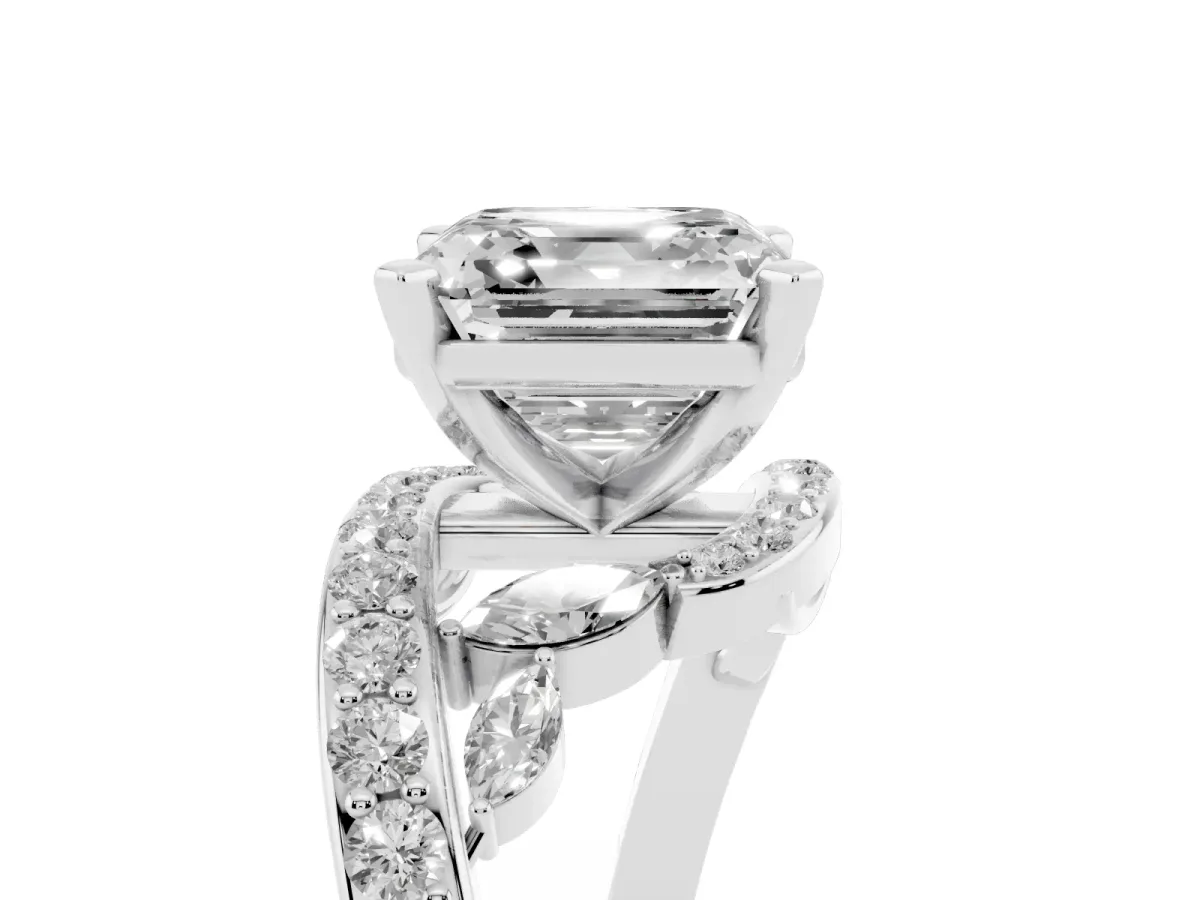 Asscher Cut Solitaire with Pavé Twist Band and Four-Prong Setting Silver