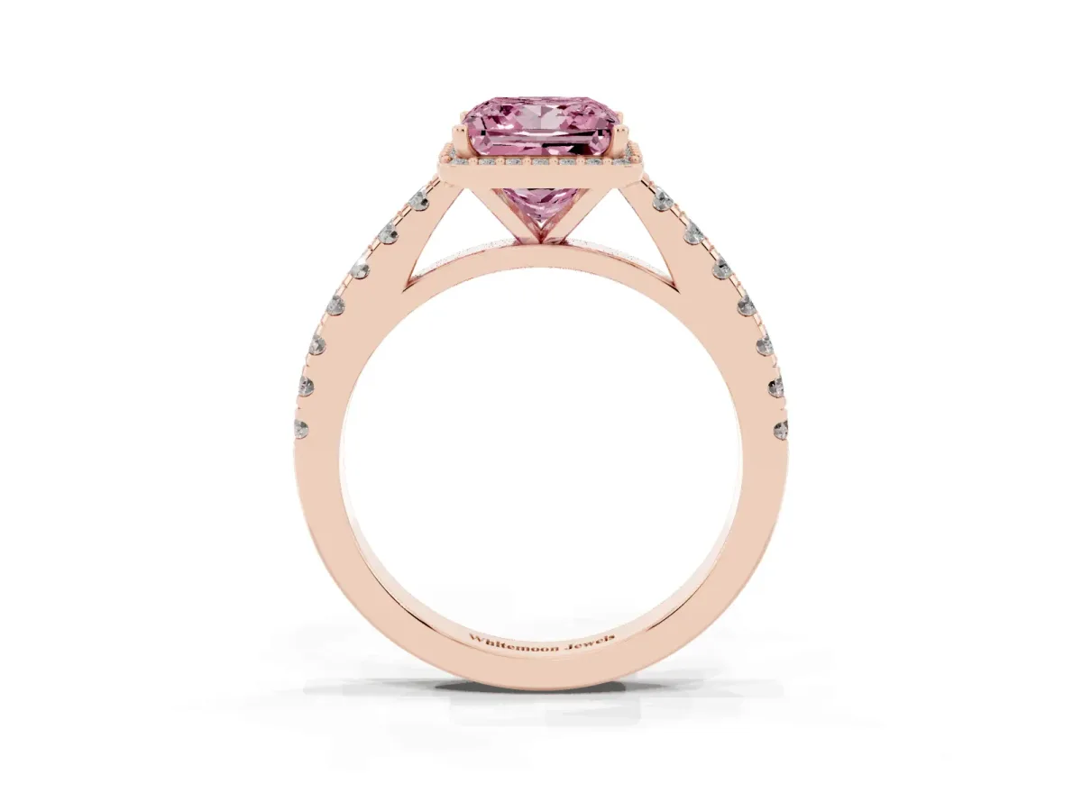 Fancy Pink Princess Cut Cut Halo Diamond Engagement Ring with Pave Band and Four-Prong Setting Rose gold