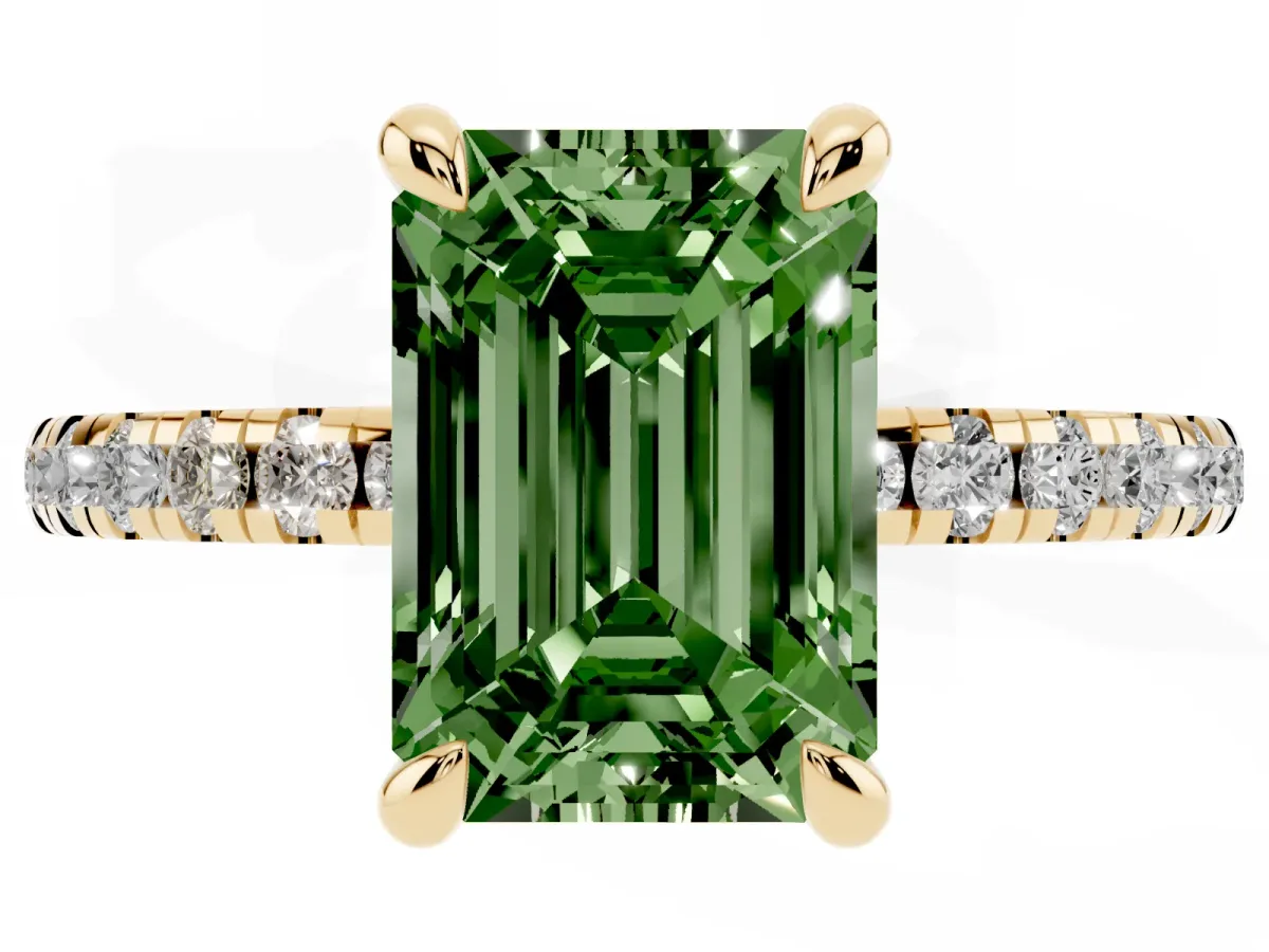 Fancy Green Emerald Cut Diamond Brilliant Solitaire Ring with Pavé Band and Four-Prong Setting Yellow gold