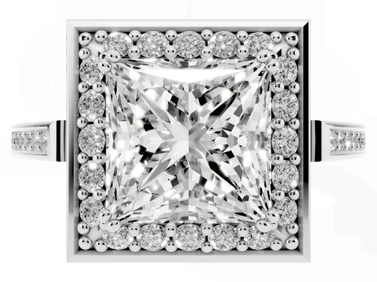 Princess Cut Diamond Halo Ring with Split Shank and Four-Prong Setting White gold
