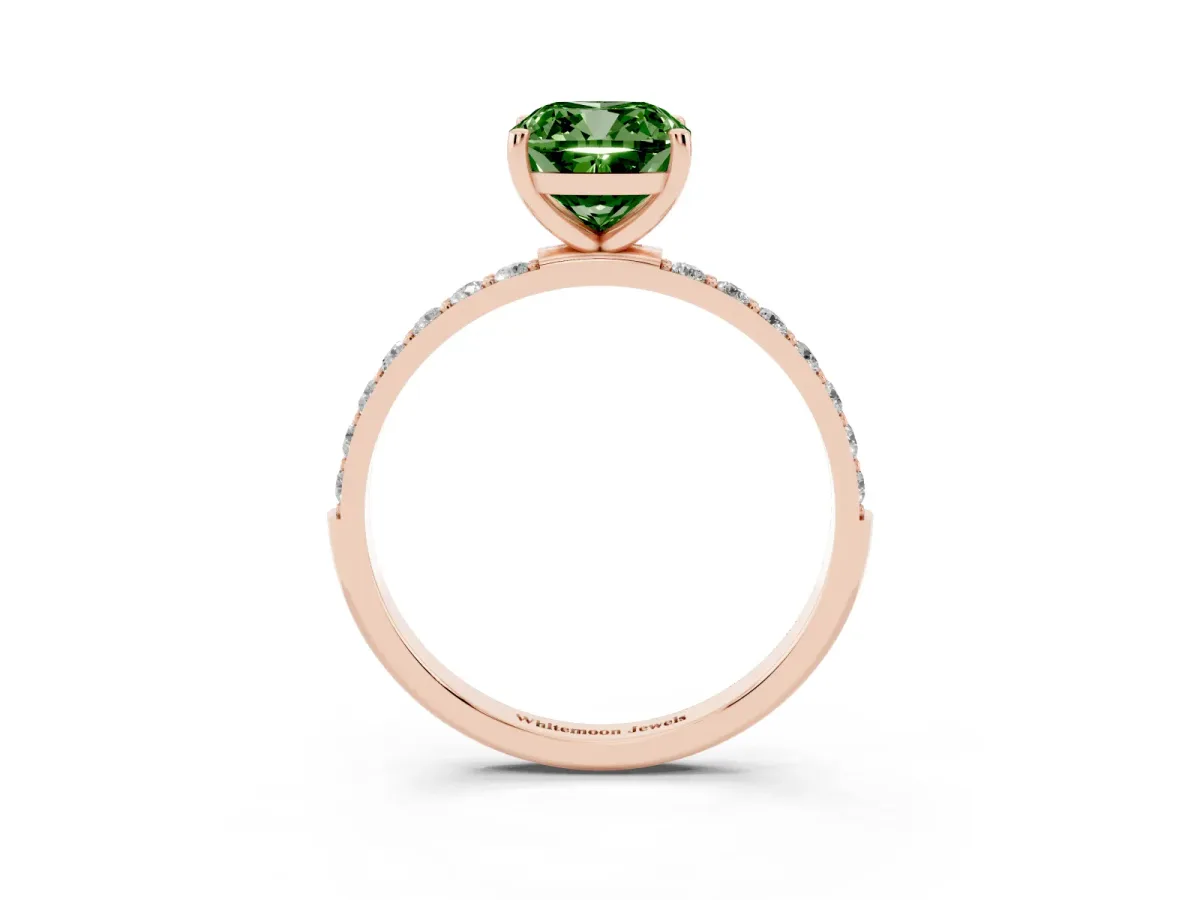 Fancy Green Cushion Cut Diamond Solitaire Ring with Round Pavé Shoulders and Prong Setting Rose gold