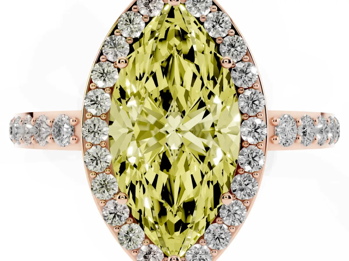 Fancy Yellow Marquise Cut Halo Diamond Pavé Band Ring with Prong Setting Rose gold