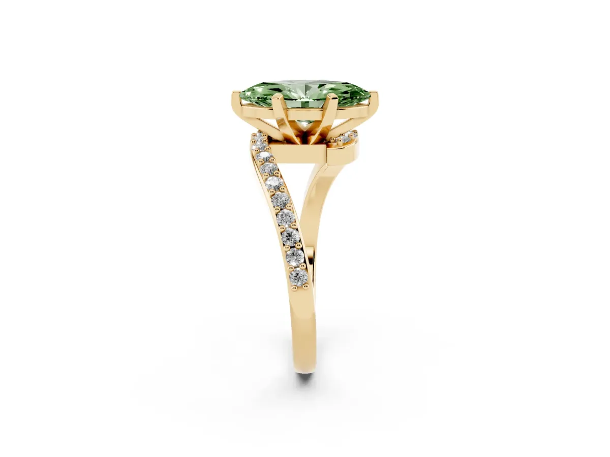 Fancy Green Marquise Cut Solitaire Twist Band with Pave Set Diamonds and Four-Prong Setting Yellow gold