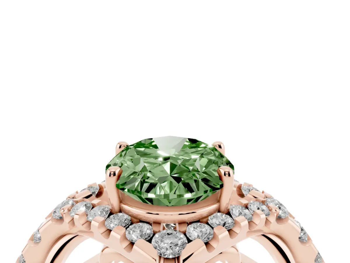 Fancy Green Oval Cut Diamond Solitaire Ring with Hidden Halo and Pavé Band Rose gold
