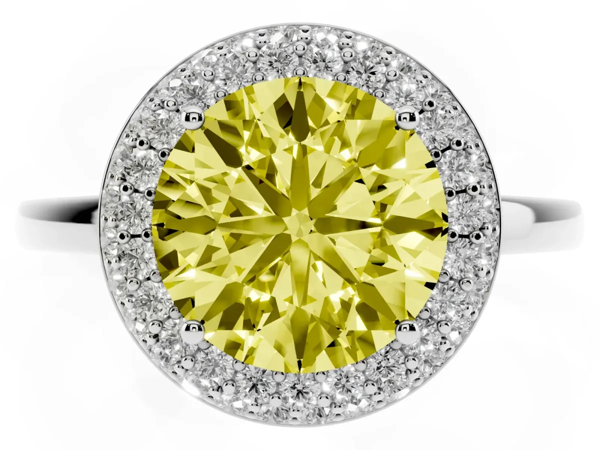 Fancy Yellow Round Cut Halo Diamond Engagement Ring with Solitaire Band and Four-Prong Setting Platinum