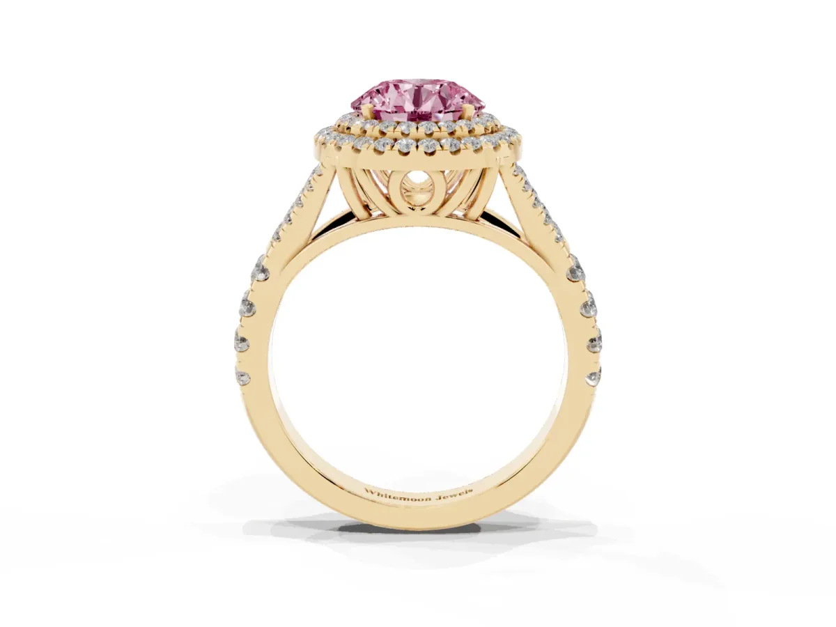 Fancy Pink Double Halo Round Cut Diamond Split Shank Engagement Ring with Four-Prong Setting Yellow gold