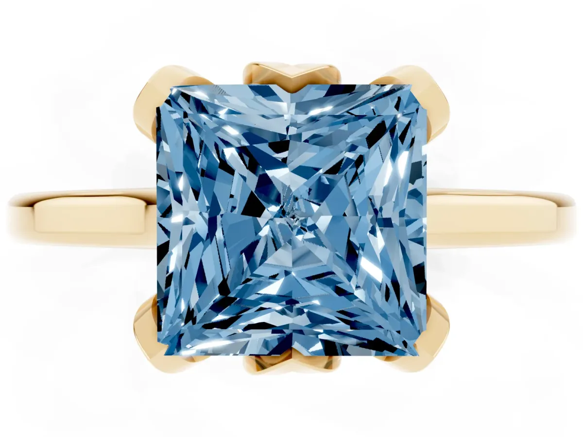 Fancy Blue Princess Cut Diamond Solitaire Ring with Flower Prong Setting and Classic Band Yellow gold