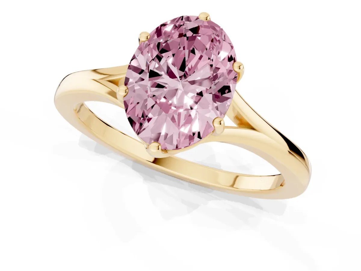 Fancy Pink Oval Cut Solitaire Diamond Ring with Six-Prong Setting and Tapered Band Yellow gold