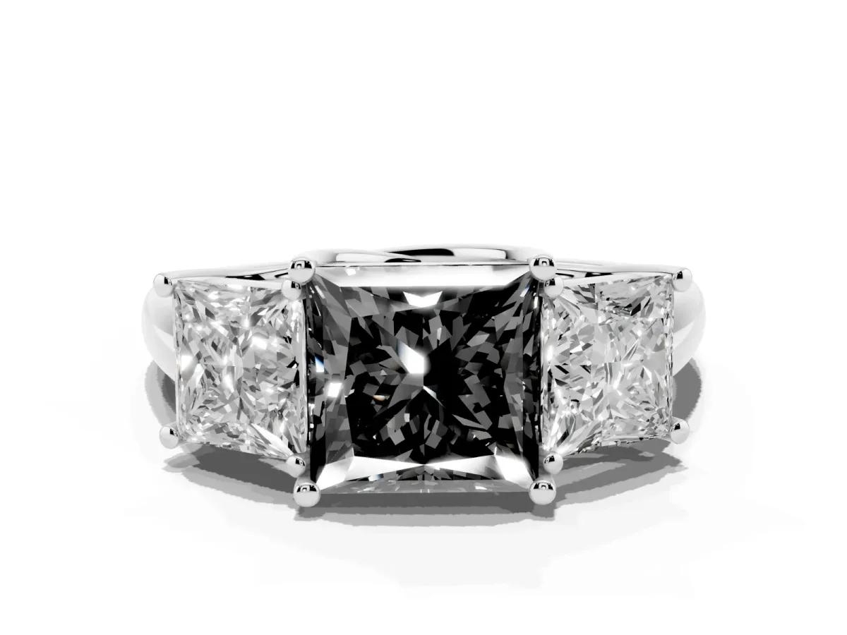 Fancy Black Three-Stone Princess Cut Diamond Engagement Ring with Prong Setting Silver