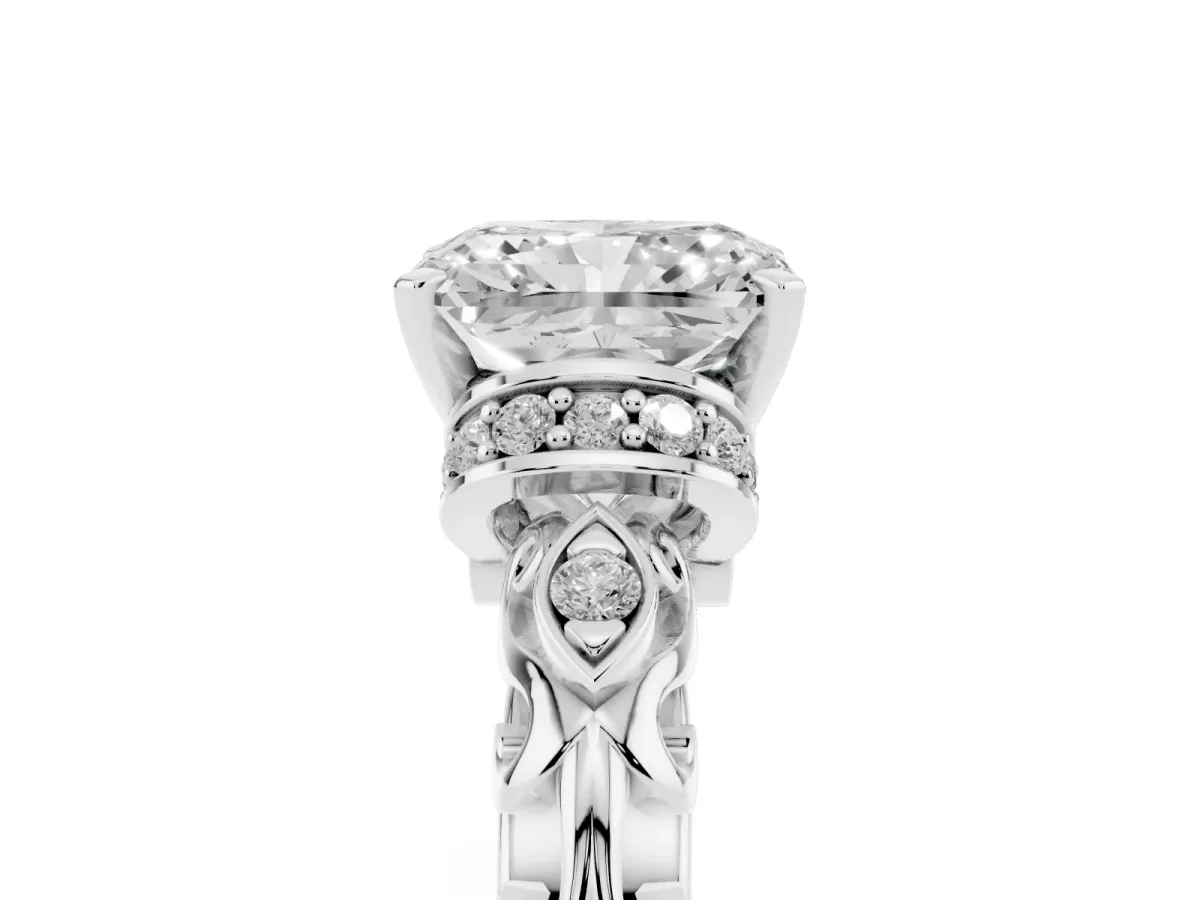 Radiant Cut Diamond Solitaire Ring with Filigree Band and Four-Prong Setting Silver