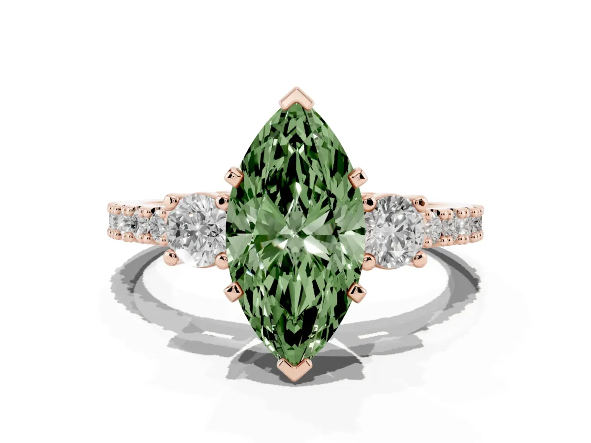 Fancy Green Marquise Cut Three-Stone Diamond Pavé Band with Prong Setting Rose gold