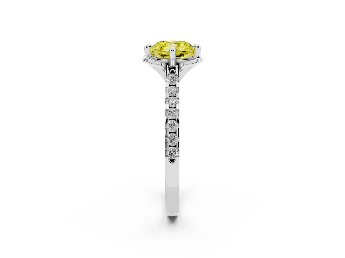 Fancy Yellow Cushion Cut Diamond Ring with Pavé Band and Floral Prong Setting White gold