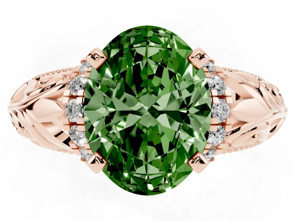 Fancy Green Oval Cut Solitaire Filigree Engagement Ring with Halo and Prong Setting Rose gold