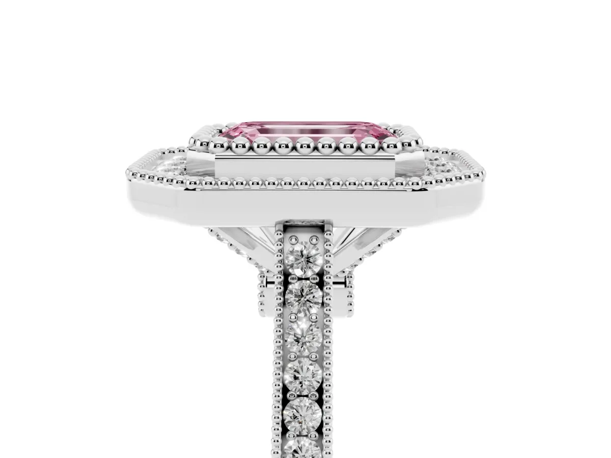 Fancy Pink Emerald Cut Diamond Halo Ring with Milgrain Frame and Pavé Band Silver