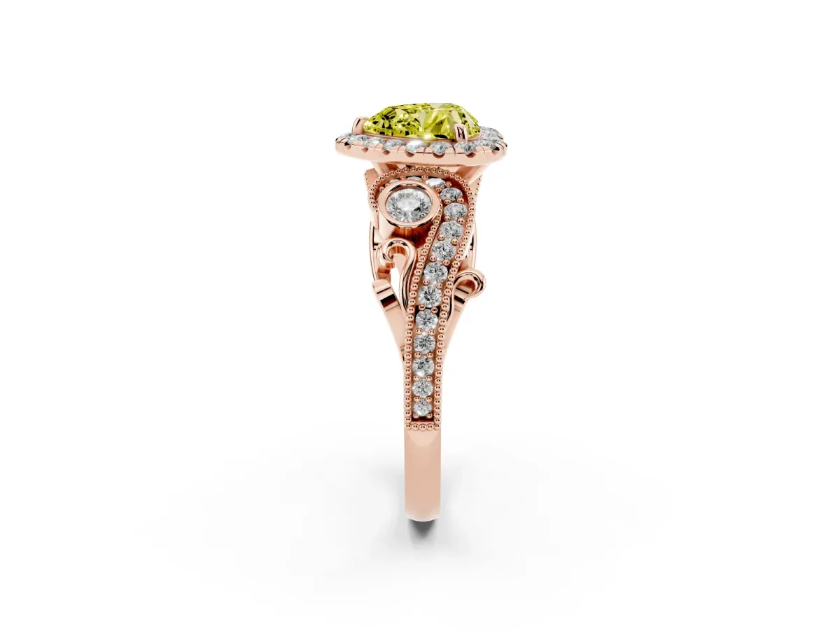 Fancy Yellow Heart Cut Halo Diamond Ring with Milgrain and Bezel Accents on a Split Shank Band Rose gold