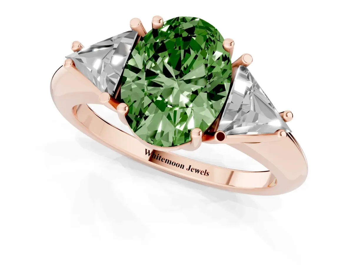 Fancy Green Three-Stone Oval Cut Diamond Engagement Ring with Trillion Side Stones and Prong Setting Rose gold