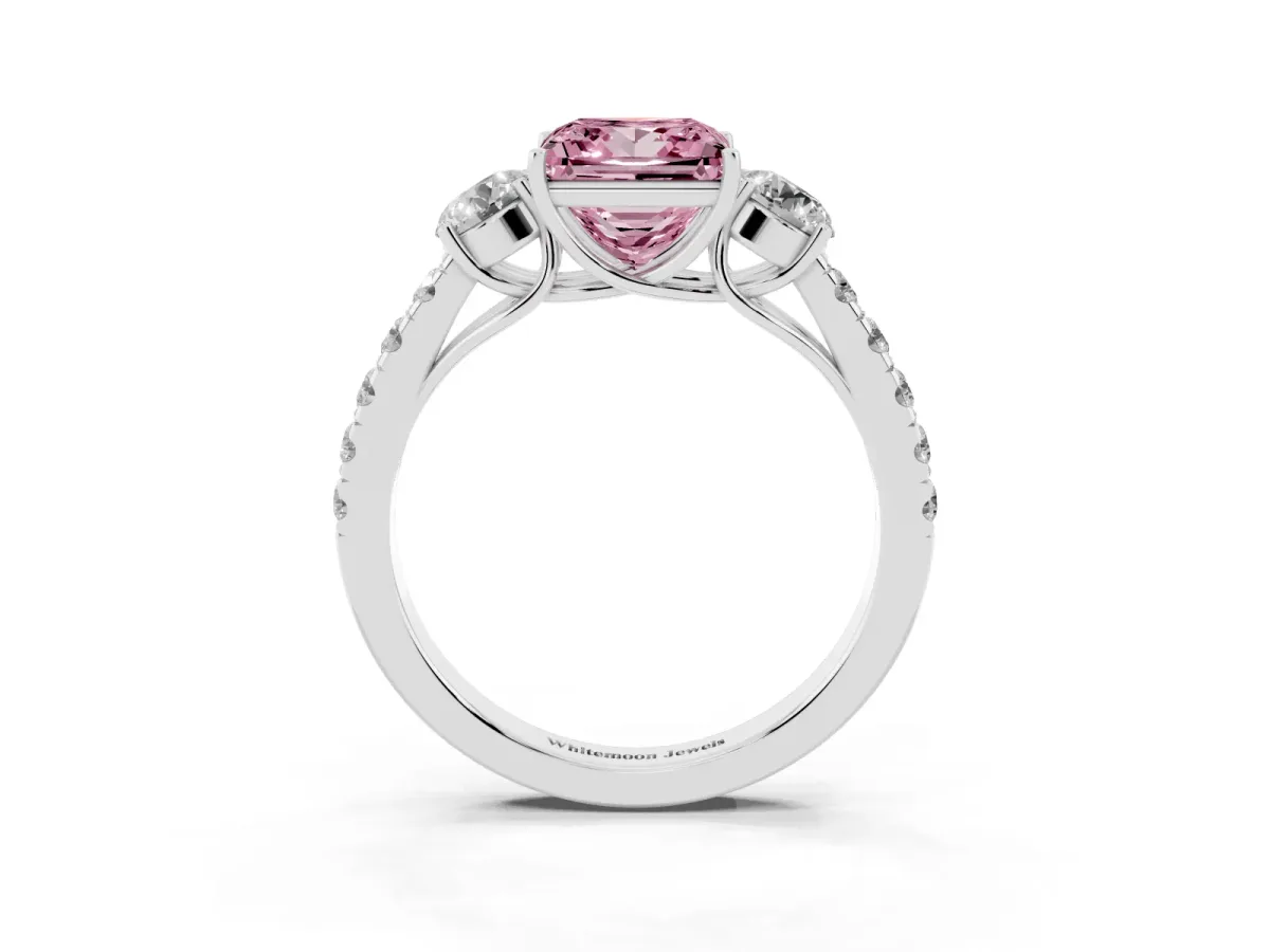 Fancy Pink Princess Cut Cut Diamond Three-Stone Ring with Round Side Stones and Pavé Band Silver