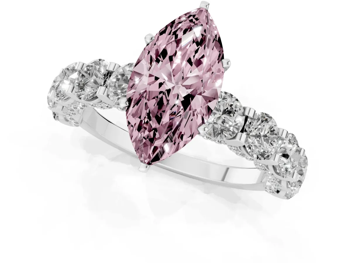 Fancy Pink Marquise Cut Diamond Side Stone Engagement Ring with Four-Prong Setting Silver