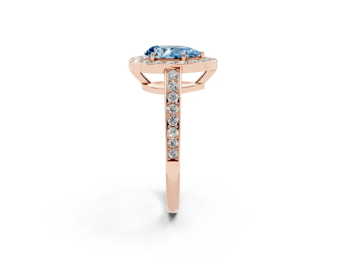 Fancy Blue Pear Cut Halo Pavé Diamond Engagement Ring with Bezel Setting Rose gold