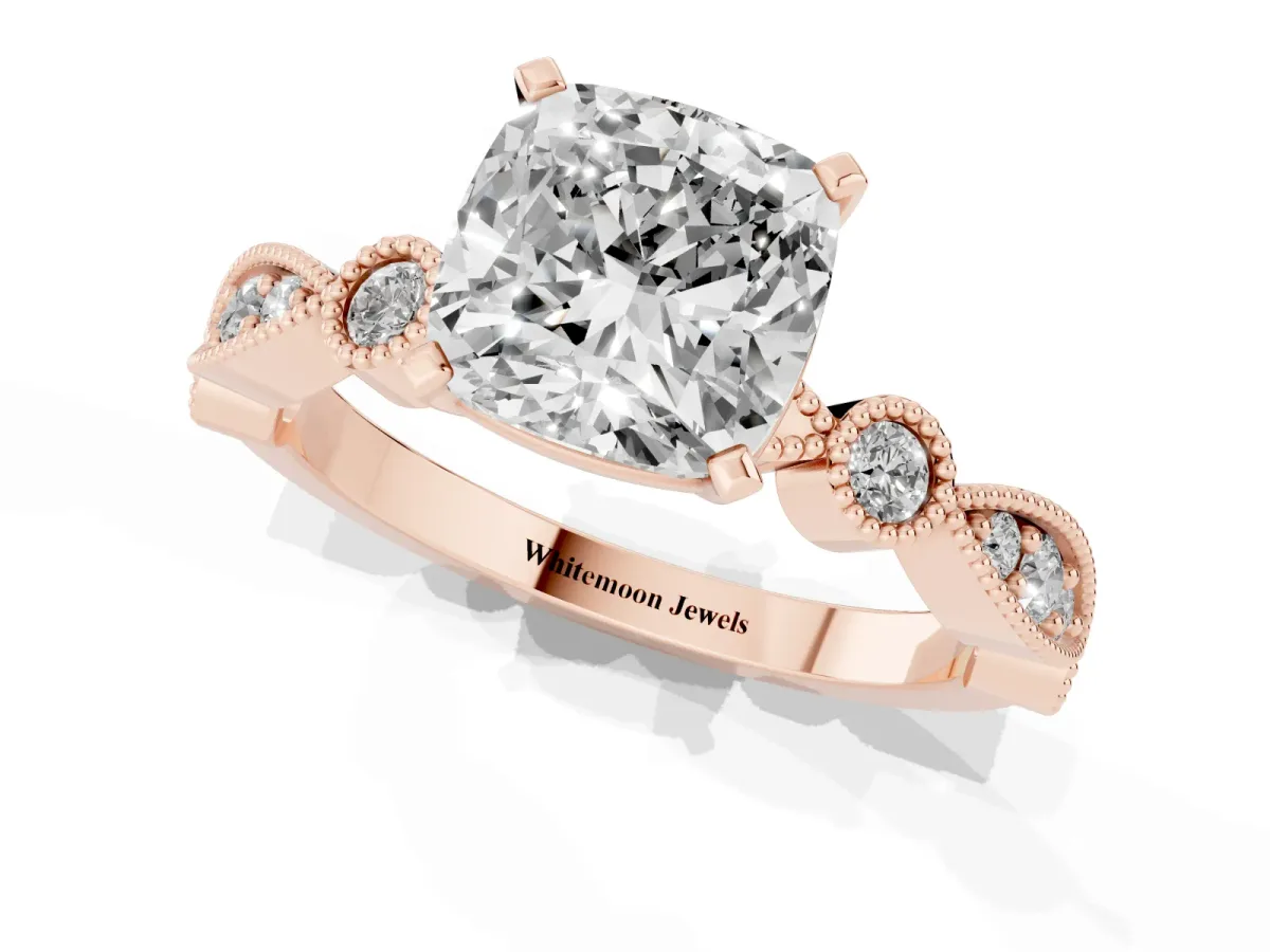 Cushion Cut Milgrain Bezel Diamond Engagement Ring with Solitaire Prong Setting Rose gold