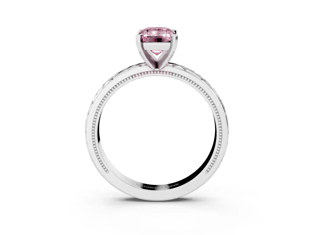 Fancy Pink Emerald Cut Solitaire Engagement Ring with Scrollwork Band and Four-Prong Setting White gold