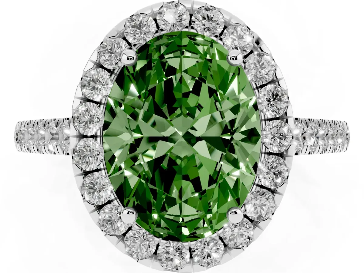Fancy Green Oval Cut Halo Pave Diamond Engagement Ring with Four-Prong Setting Silver