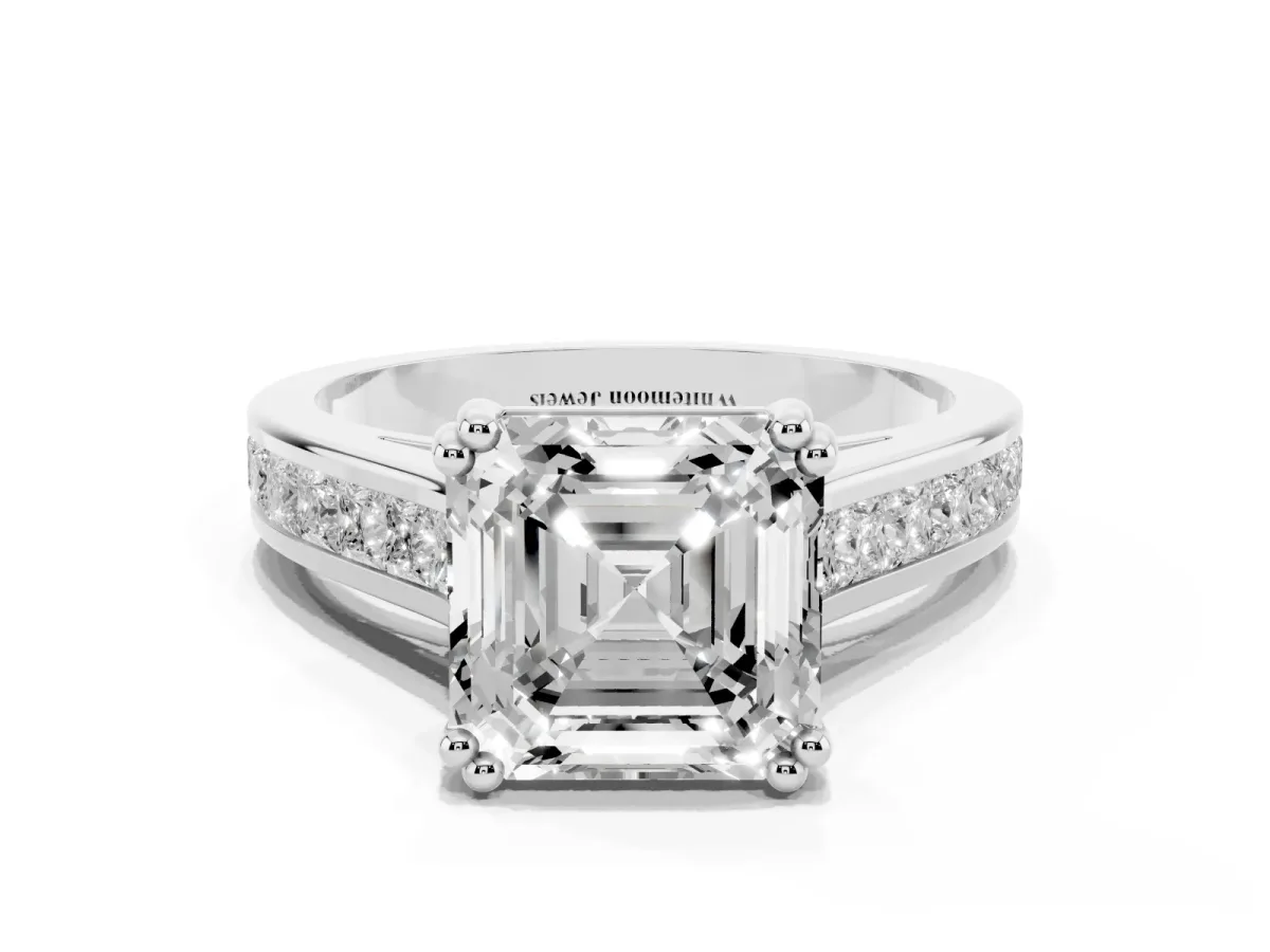 Asscher Cut Cut Channel Set Solitaire Engagement Ring with Prong Setting Silver