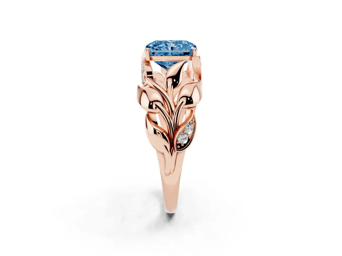 Fancy Blue Radiant Cut Diamond Leaf-Inspired Engagement Ring with Round Accents and Prong Setting Rose gold