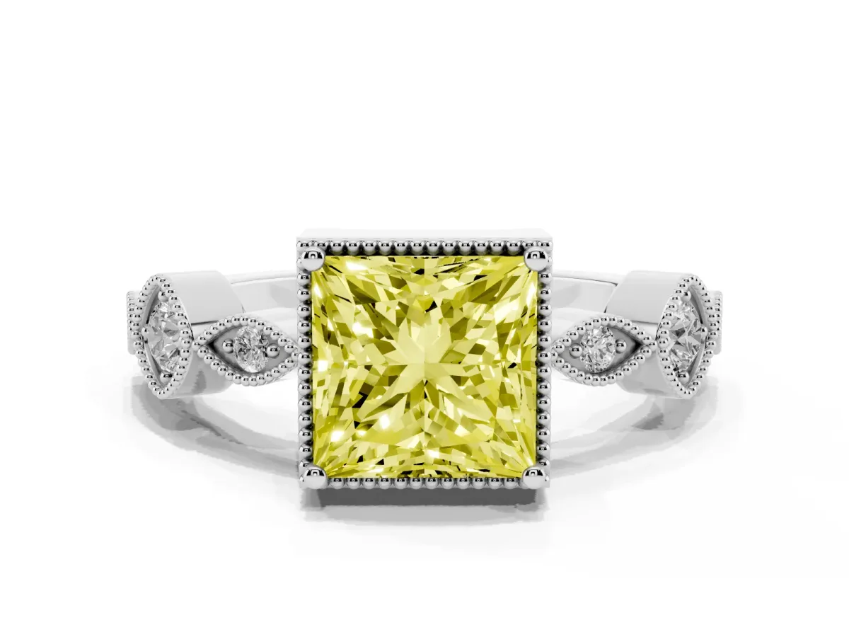 Fancy Yellow Princess Cut Diamond Vintage Milgrain Ring with Round Stations Silver