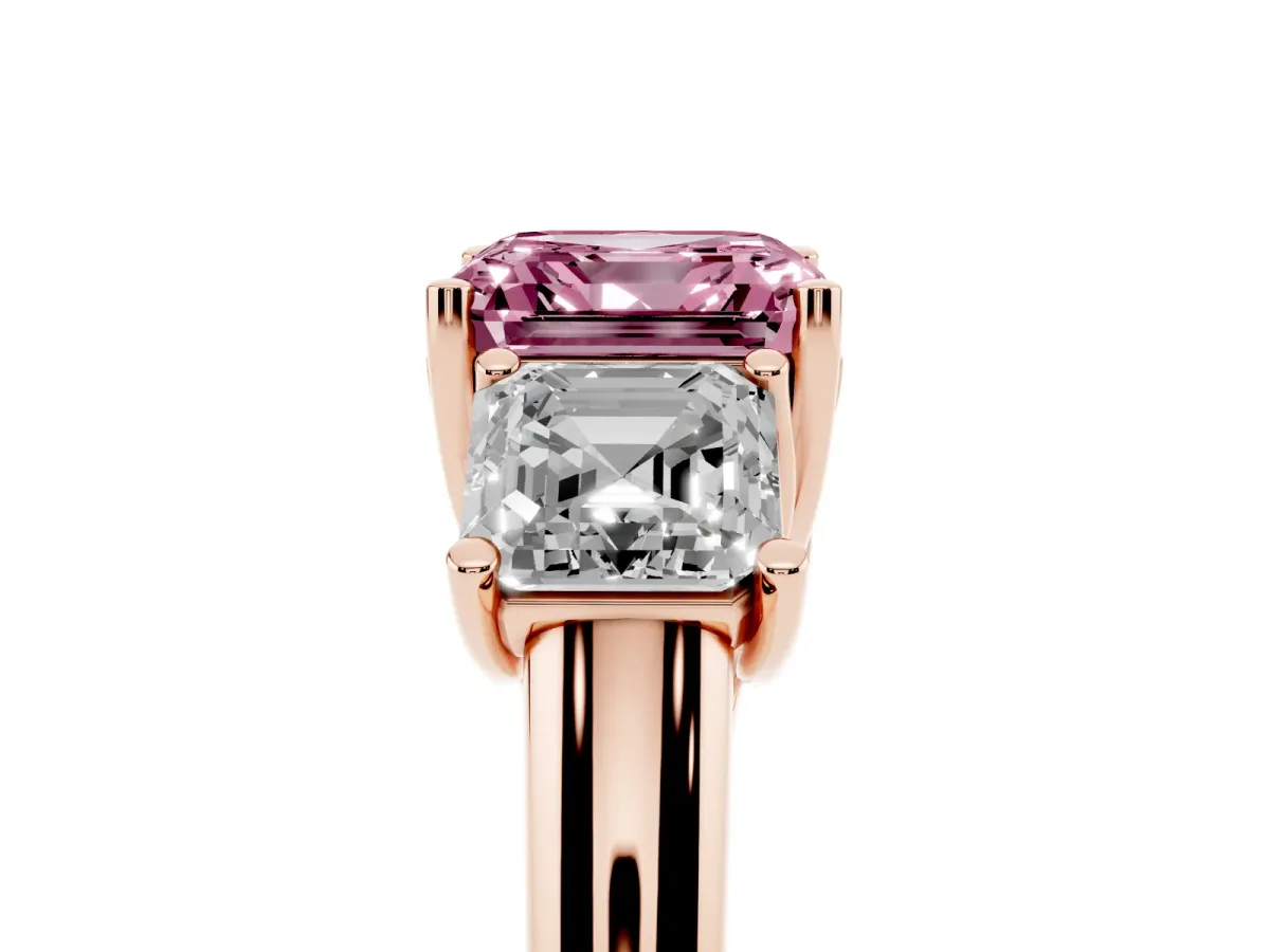 Fancy Pink Three-Stone Asscher Cut Diamond Engagement Ring with Prong Setting Rose gold
