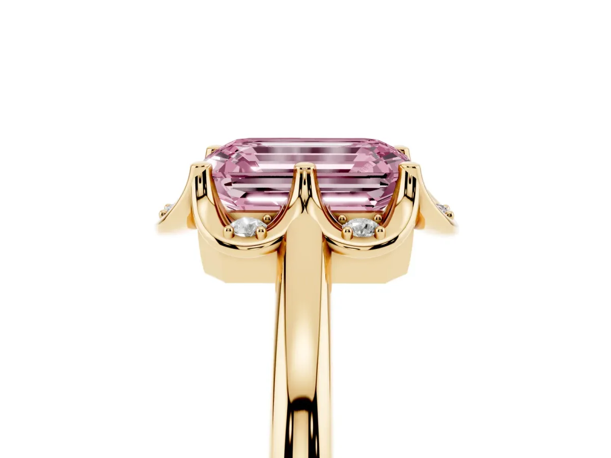 Fancy Pink Emerald Cut Halo Diamond Ring with Round Cluster Setting, Solitaire Band, and Four-Prong Setting Yellow gold