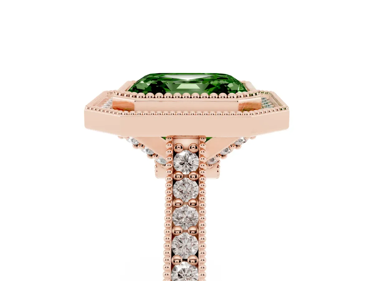 Fancy Green Halo Asscher Cut-Cut Diamond Pave Band Milgrain Prong Setting Ring Rose gold