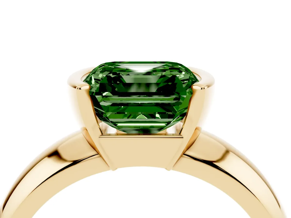 Fancy Green Asscher Cut Solitaire Tension Set Diamond Ring with Wide Band Yellow gold