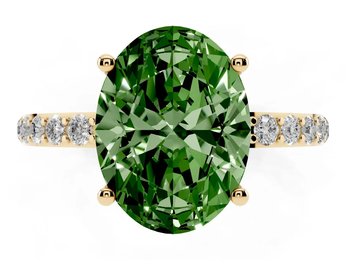 Fancy Green Oval Cut Diamond Solitaire Ring with Round Pavé Shoulders and Prong Setting Yellow gold