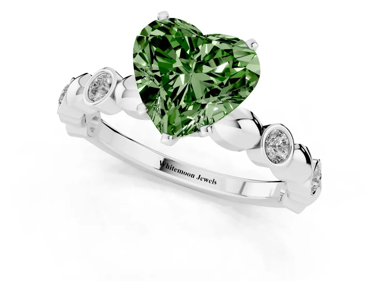 Fancy Green Heart Cut Solitaire Bezel-Set Diamond Ring with Beaded Band and Four-Prong Setting Silver