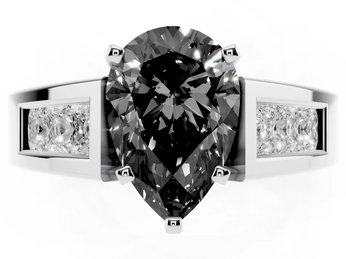 Fancy Black Pear Cut Cut Channel Set Solitaire Ring with Four-Prong Setting Silver