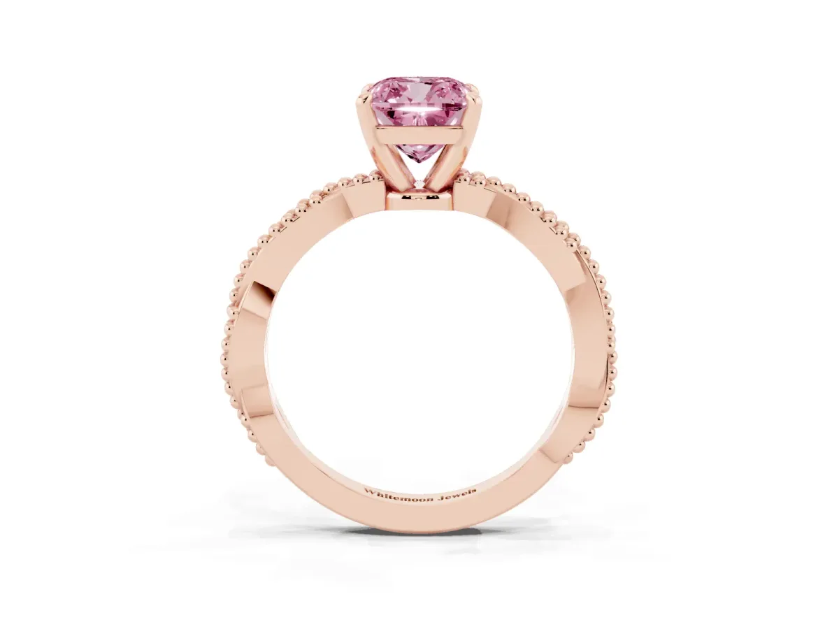 Fancy Pink Cushion Cut Solitaire Twisted Band with Bead Prong Setting Rose gold