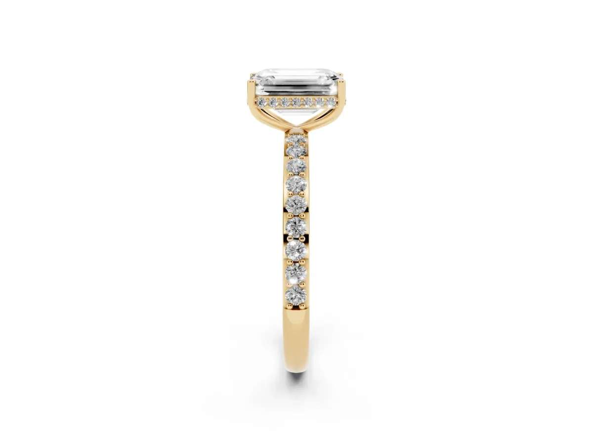 Emerald Cut Diamond Solitaire Ring with Pavé Band and Hidden Halo Yellow gold
