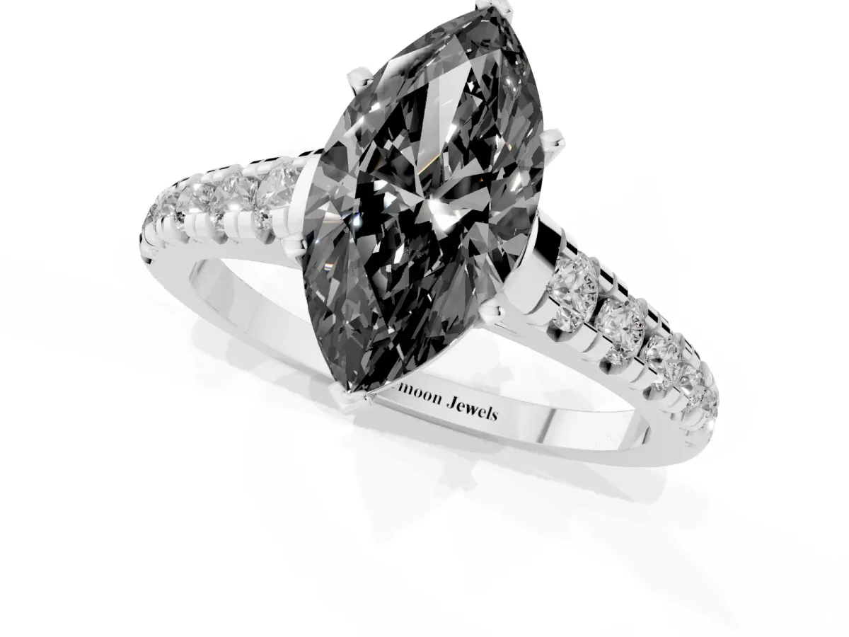 Fancy Black Marquise Cut Diamond Cathedral Solitaire Ring with Round Pavé Band Silver