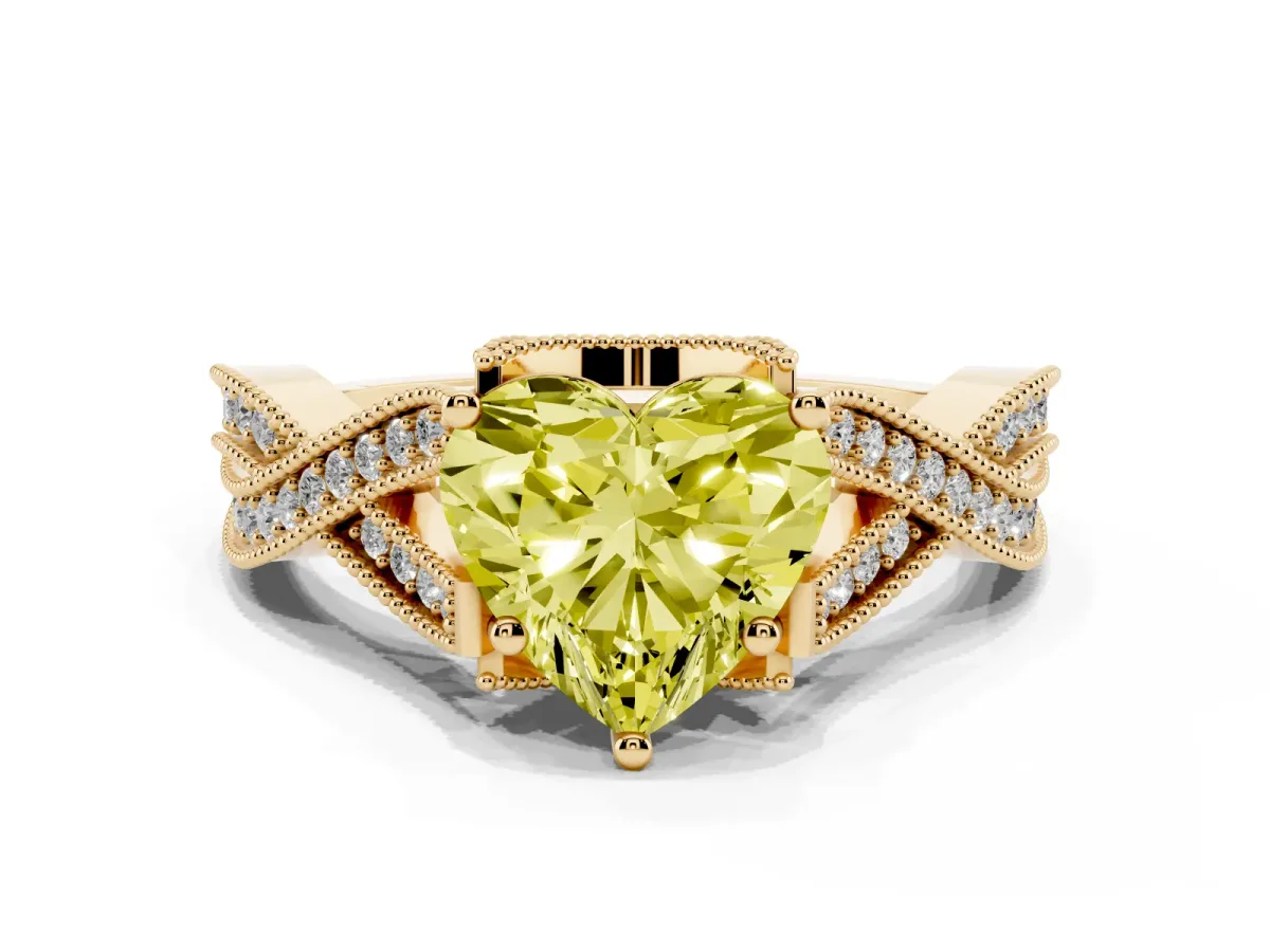 Fancy Yellow Heart Cut Cut Diamond Twisted Band with Milgrain Pave Setting and Four-Prong Setting Yellow gold