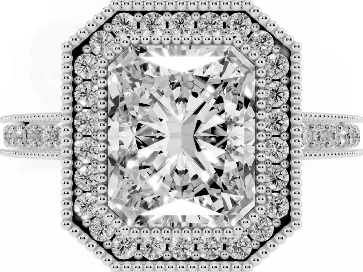 Radiant Cut Cut Halo Diamond Ring with Pavé Band and Milgrain Prong Setting Silver