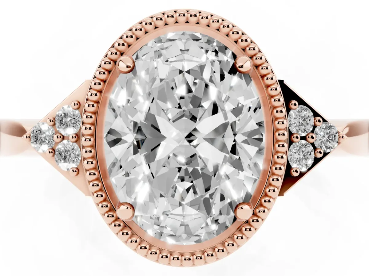 Hexagonal Halo Oval Cut Diamond Solitaire with Pavé Band and Four-Prong Setting Rose gold
