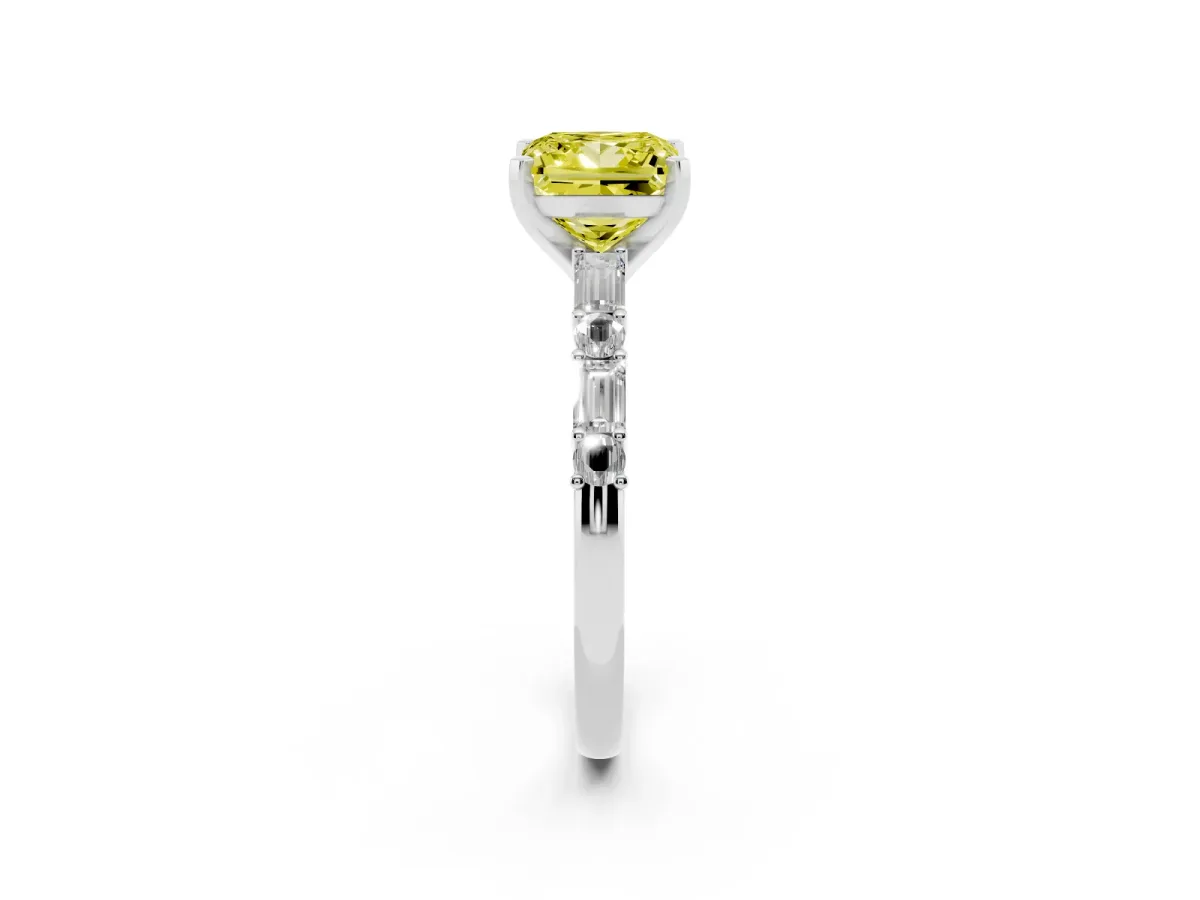 Fancy Yellow Princess Cut Diamond Solitaire with Side Baguettes and Channel Set Band Platinum