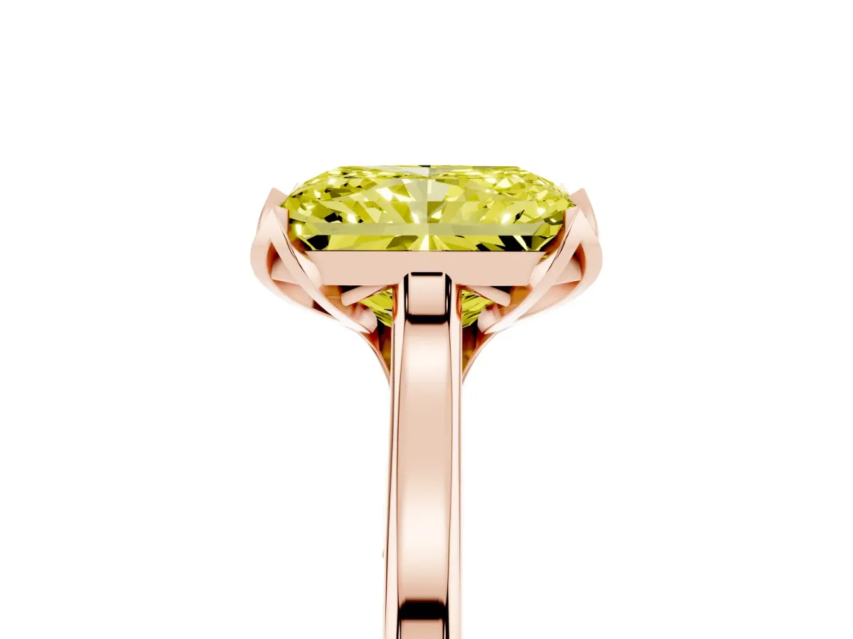 Fancy Yellow Radiant Cut Diamond Solitaire Ring with Flower Prong Setting and Classic Band Rose gold