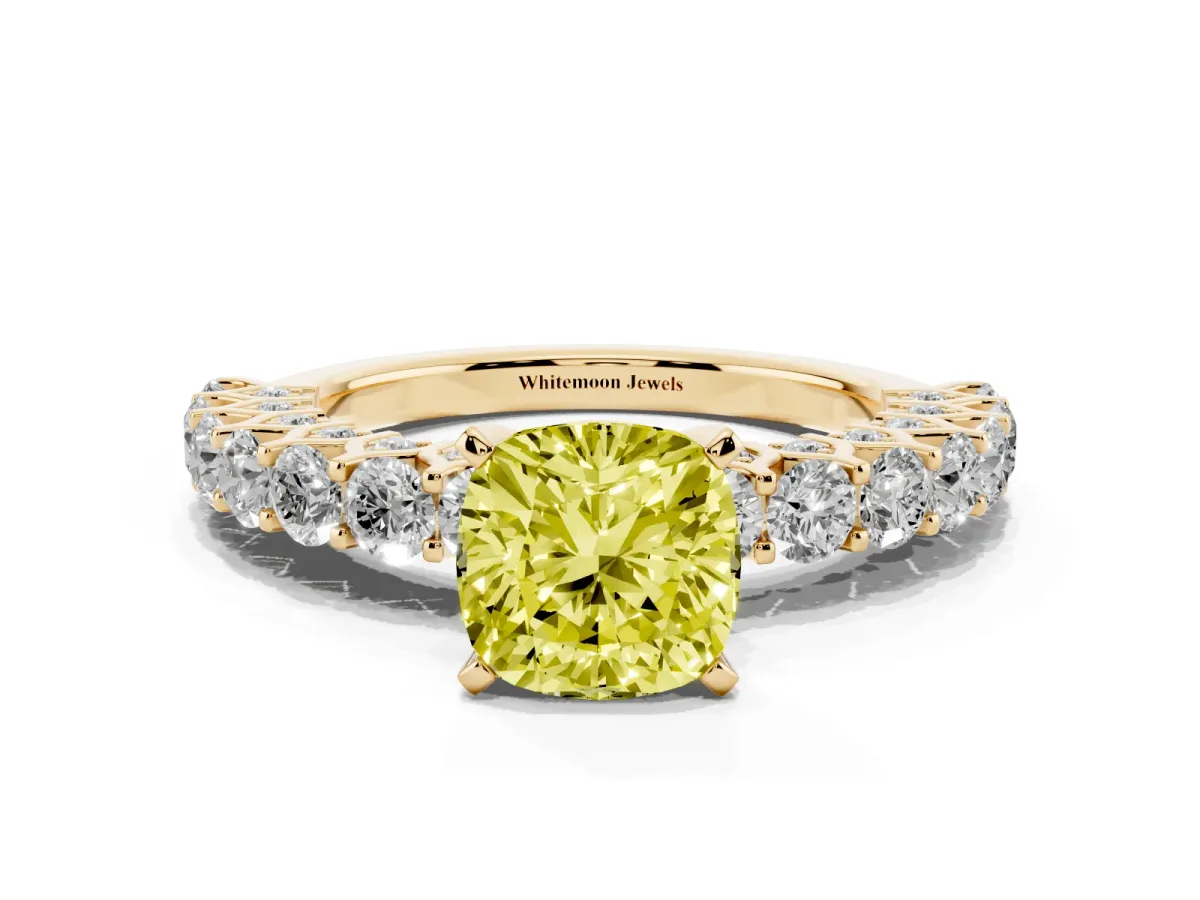 Fancy Yellow Cushion Cut Diamond Solitaire Ring with Shared Prong Pavé Band and Four-Prong Setting Yellow gold