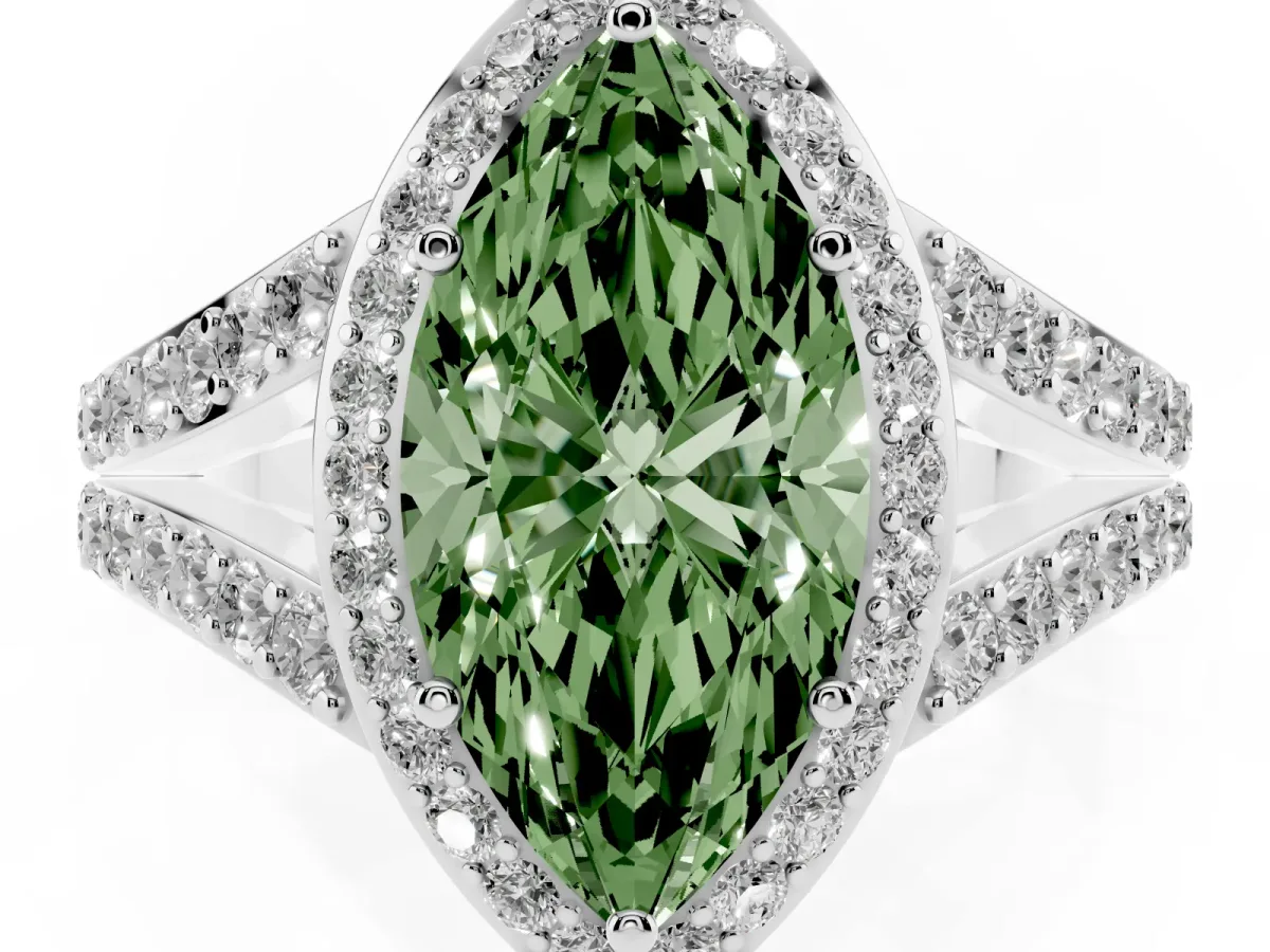 Fancy Green Marquise Cut Diamond Split Shank Halo Ring with Four-Prong Setting Platinum